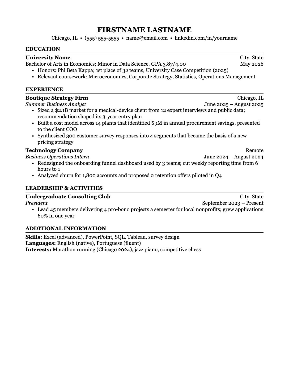 One-page consulting resume template with Education, Experience, Leadership & Activities and Additional Information sections