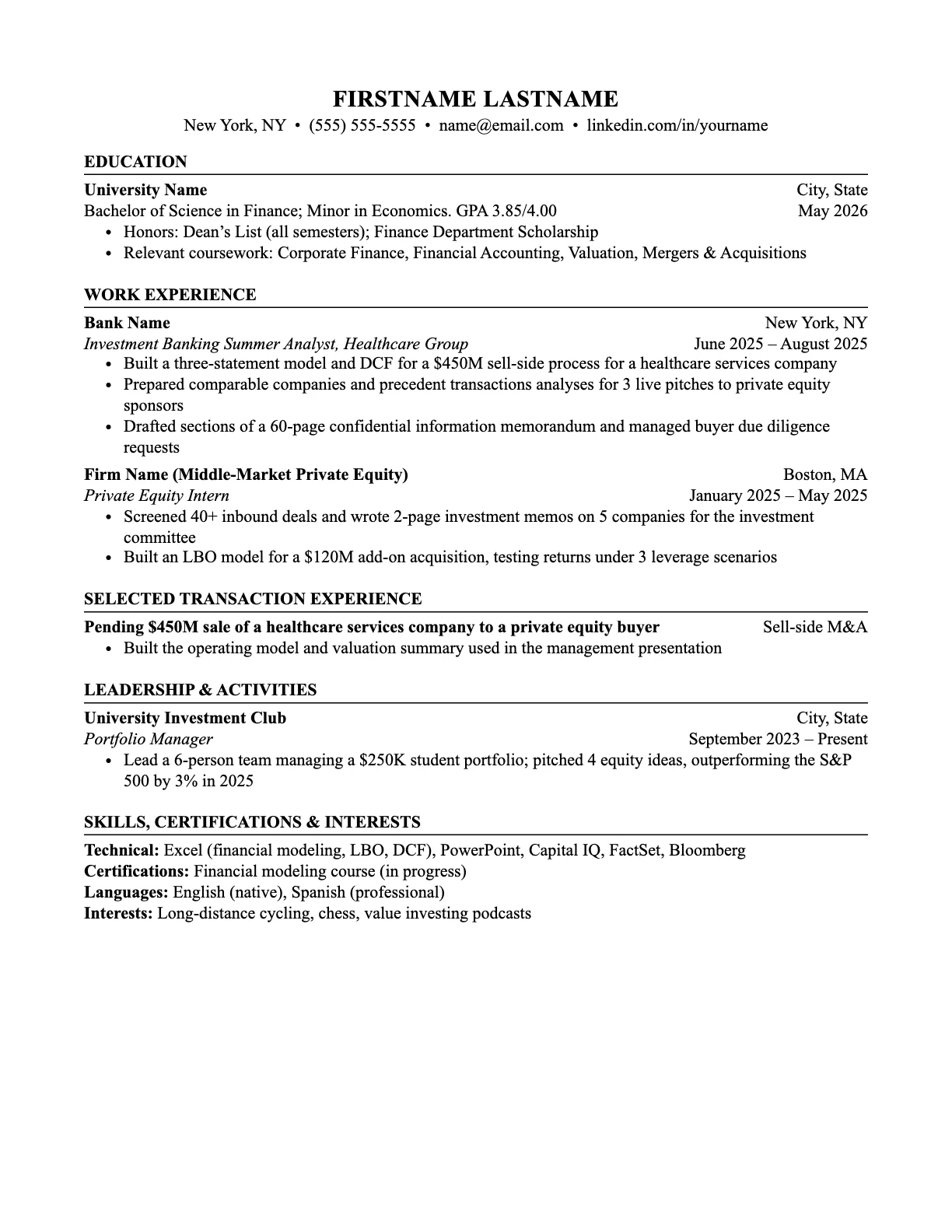 One-page investment banking resume template with Education, Work Experience, Selected Transaction Experience, Leadership and Skills sections