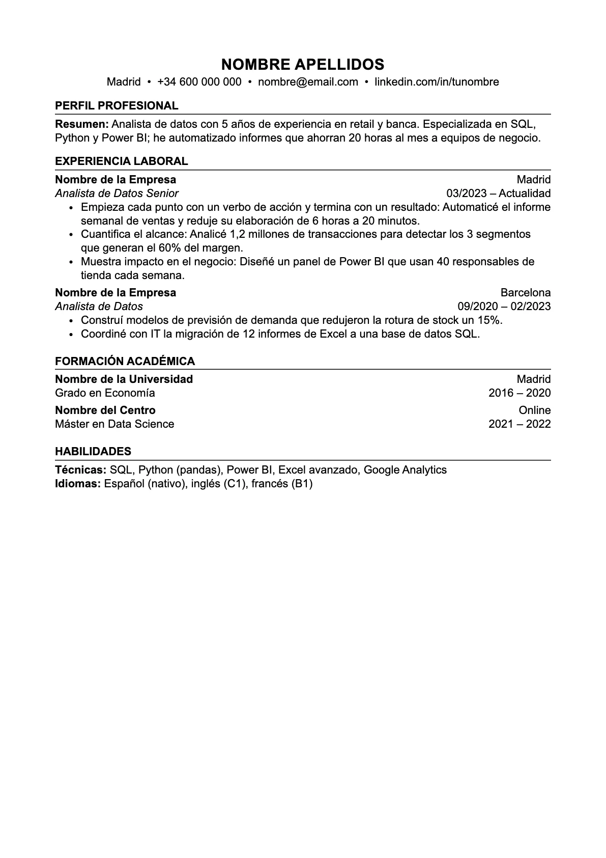 Plantilla de CV ATS profesional en Word, formato A4 de una columna