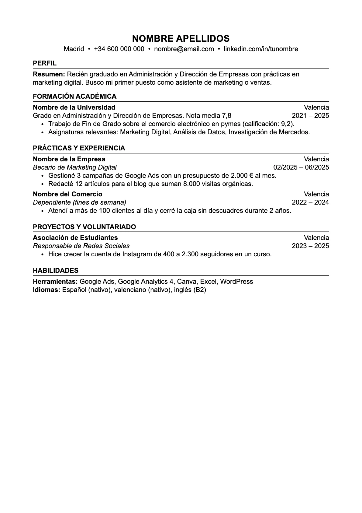 Plantilla de CV ATS sin experiencia para estudiantes y primer empleo